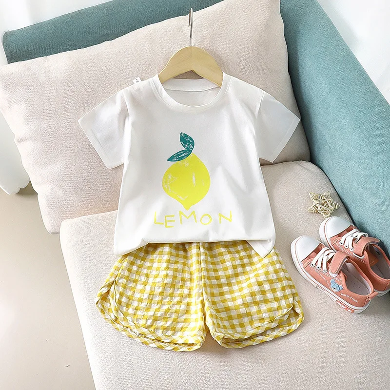 Red Apple Short Sleeved Suits Summer Baby Girls Clothes Kids 2 Piece Set Cotton Toddler Plaid Shorts Set Clothing 9m-4y kids clothes set two piece set baby girl clothing set shorts suit