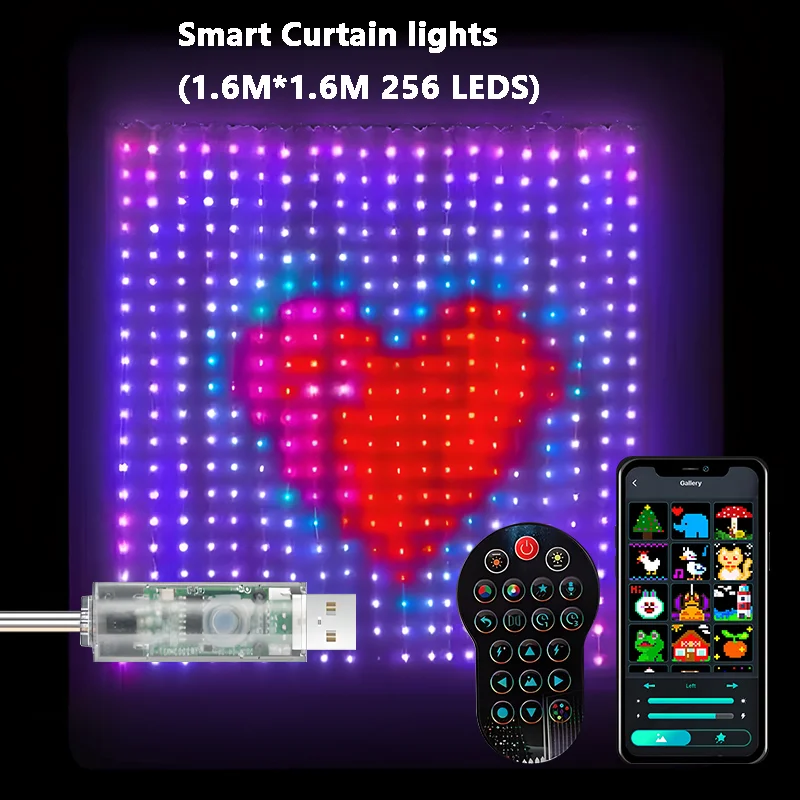 thumbnail image 1 of Luces de cortina inteligentes con aplicación Bluetooth, cadena de luces LED RGB, luces de hadas, bricolaje, cambio de imagen y música, decoración de Navidad y Halloween, 1 of 5