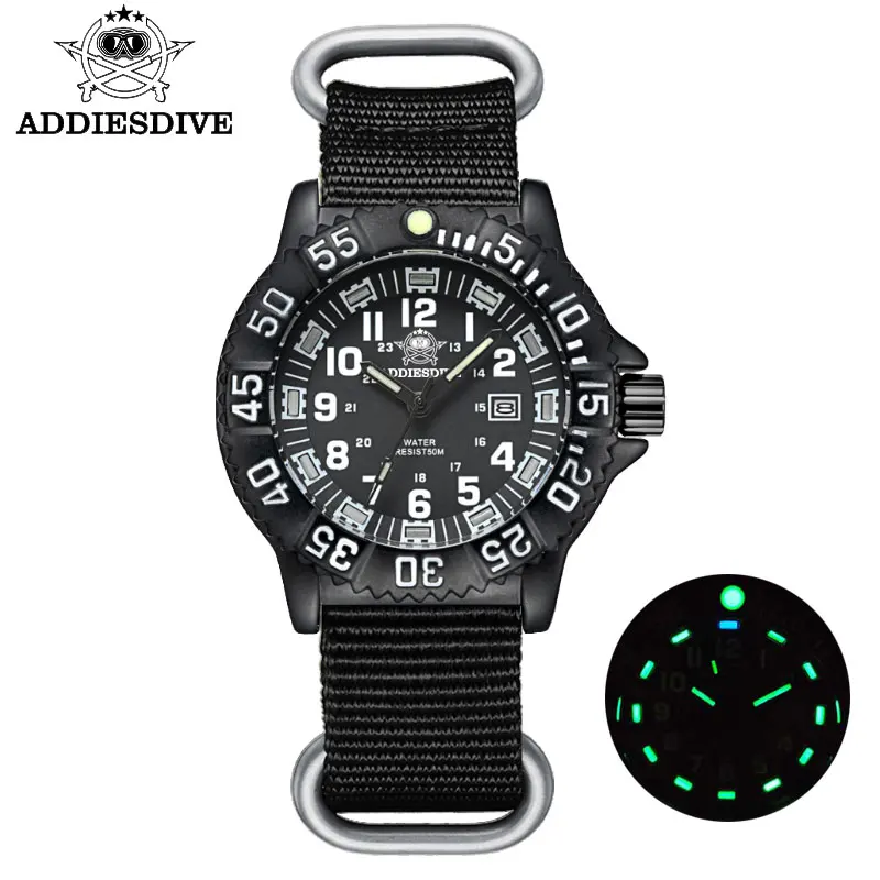 ADDIESDIVE Men's Waterproof Military-Style Sports Watch with Luminous Nylon Strap
