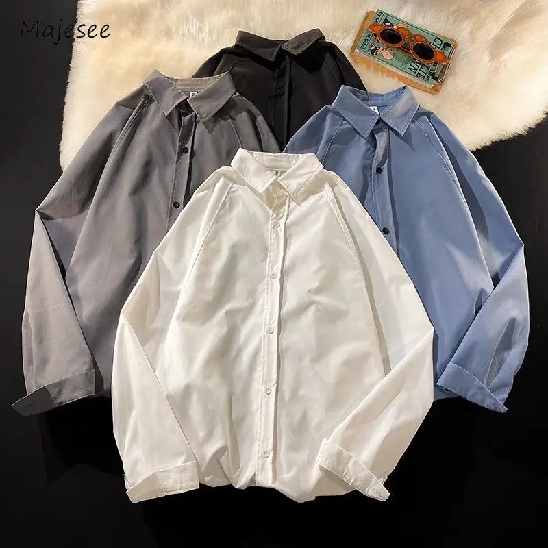 

Men Shirts Pure Baggy Daily Turn Down Collar Japanese Style Simple Classic Streetwear All-match Handsome Draping Long Sleeve