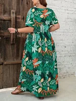 Women's Plus Size Boho Tropical Print V-Neck Dress with Ruched Chest & Short Sleeves Spring Summer Vacations Cute Dresses - Image 3