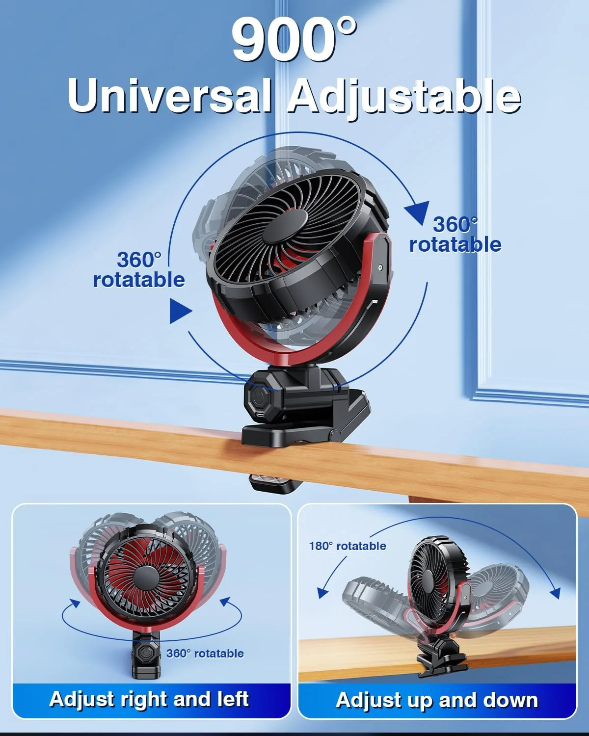 Eary Car Clip On Fan With 2000mAh Battery Usb Rechargeable Fan 900° Rotate Portable Air Cooling Fans Car Electronic Accessories 2