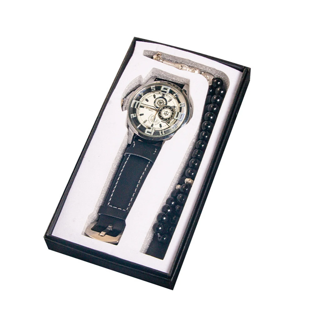2PCS Set Fashion Mens Business Watches Men Casual Quartz Wrist Watch With Men's Rosary Bracelet Relogio Masculino + Box