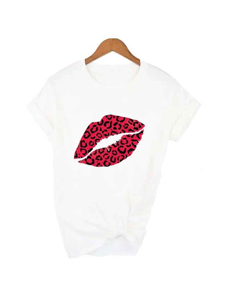 Camiseta feminina leopardo labial beijo, moda verão, roupas femininas  tamanho grande, gola O, tops kawaii, manga curta - AliExpress