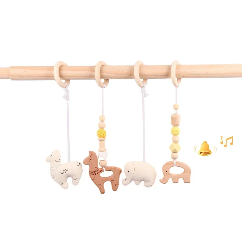 4Pcs/Set Baby Beech Hanging PendantsKnitting Doll Ring Teether Teething Nursing Rattle Toy for Stroller Gym Newborn Baby Shower