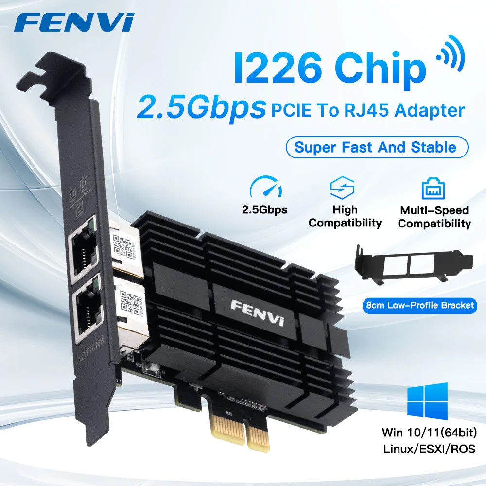 FENVI 2.5Gbps PCI-E-RJ45 네트워크 카드 Intel I226 용 듀얼 포트 데스크탑 Windows 10/11 용 1000/2500M PCI Express Wlan 어댑터