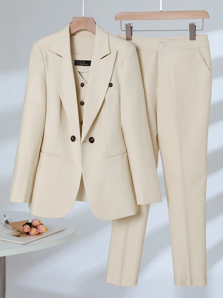 Blazer formale da donna gilet e pantalone autunno inverno rosa Navy albicocca Office Ladies Business Work carriera Wear 3 pezzi Set