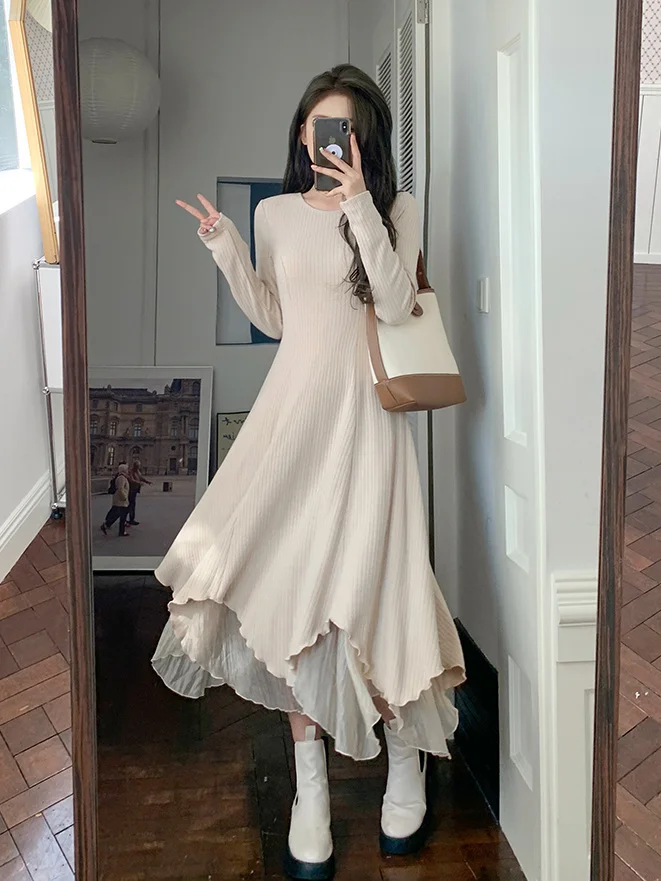 

Plus size plump girls new design sense irregular mesh patchwork long dress slim fit slimming long sleeve knitted dress women