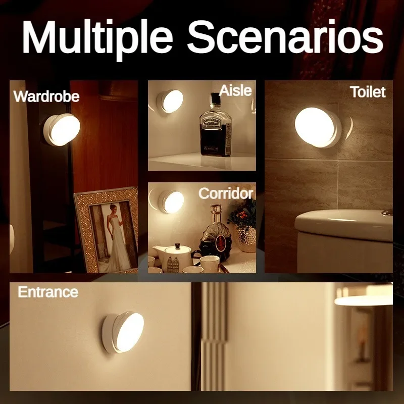 LED Charging Motion Sensor Wall Lamp 360° Rotation Cabinet Lamps Home Wardrobe Lighting Round Bedside Eye Protection Night Light 4