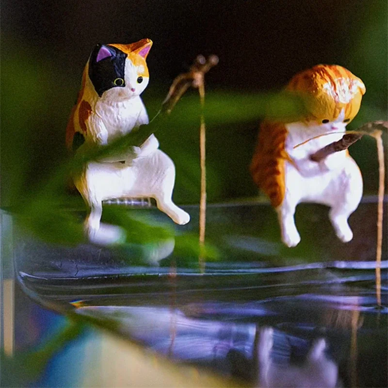 Cat Figurine Decoration Cute Fishing Cat Fishbowl Fishing Figure Fisherman Figurine Cat Rod Seals Figures Decoration Interior Accessories