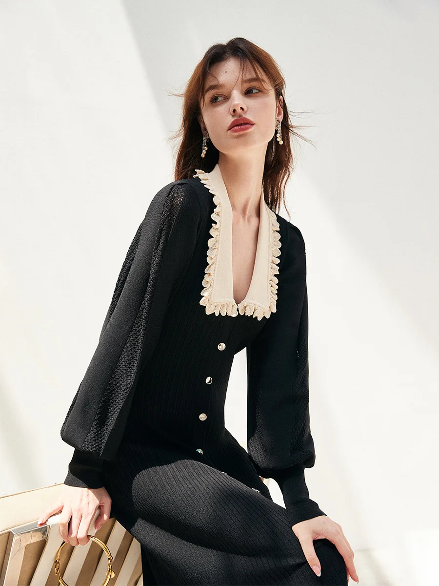 

Country Contrast Wood Ear Collar Slim Fit Knitted Dress Women's Autumn 2023 Court Style Long Sleeve Skirt