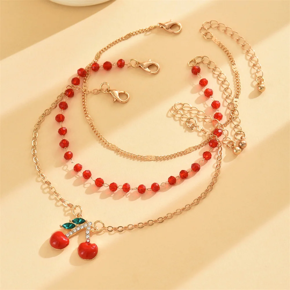 Cute Cherry Pendant Red Rice Beads Anklets For Women Charm Gold Color Foot Chain Ankle Bracelet Beach Jewelry Summer Accessories