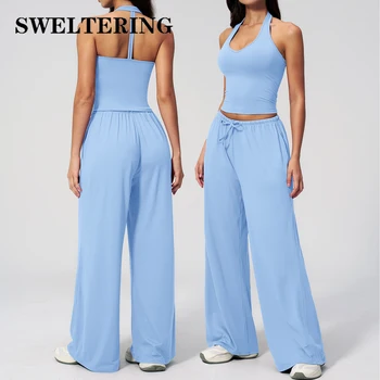2/3PCS Fitness Suit Women Deep V Yoga Bra Flared pants Sports Suit Gym Tracksuits Female High Waist Bell Bottom Athletic Wear 1