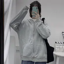 

Hooded Zip-up Women Korean Style Oversized Hooded Vintage Solid Color Long Sleeve Sweatshirt Women Casual Autumn Clothes