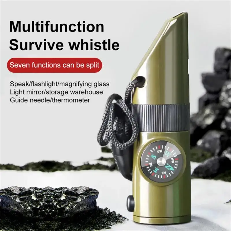 Outdoor Multi-function Survival Whistle 7 In 1 ABS High-strength Compass Thermometer Signal Mirror Magnifying Glass Flashlight