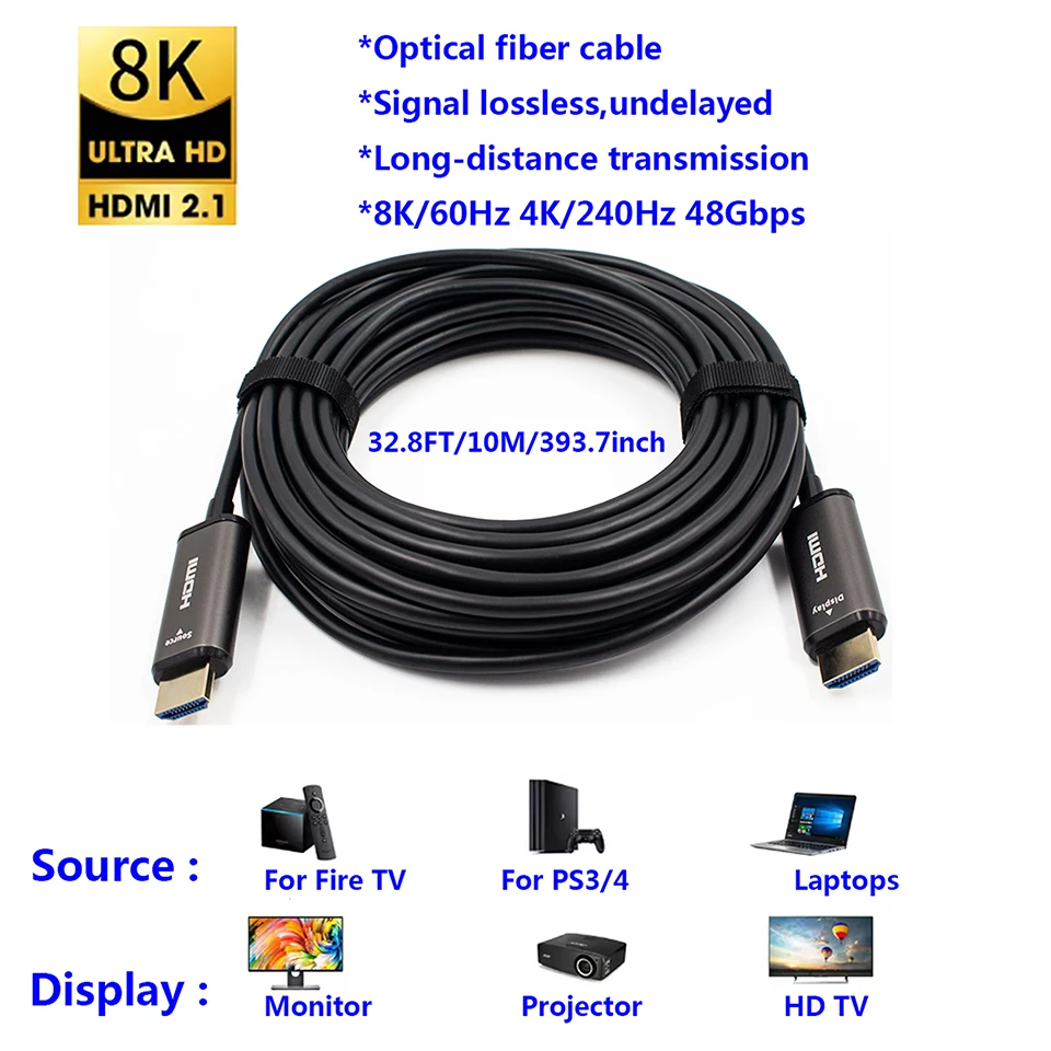 HDMI 호환 2.1 광섬유 케이블 8K HDMI 32.8FT/10M/393.7인치 케이블 8K60hz 4K120hz 코드 LG 삼성 TV와 호환 가능