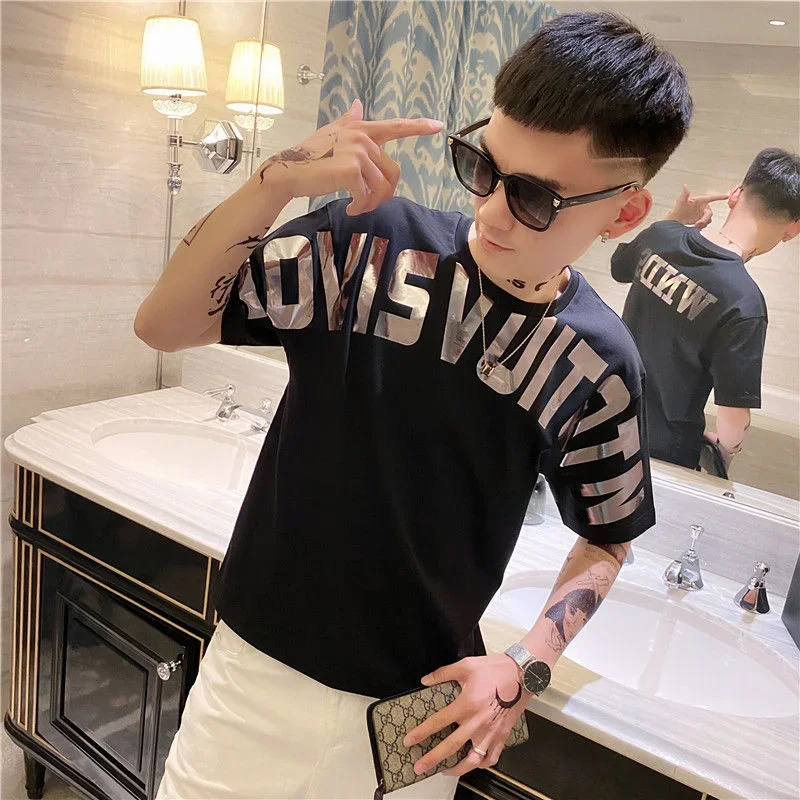 

Mens Tee Shirts Men's T-shirt Hip Hop Alphabet Trashy Y2k Streetwear Clothes Goth Grunge Top Anime V Neck Short Quarter Sleeve O