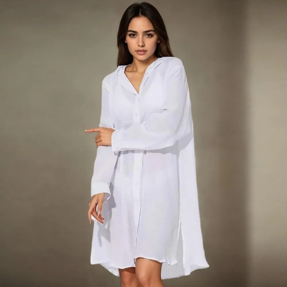 Summer Long Sleeve Button Down Tunic Dress Solid Color Oversized Beach Bikini Cover-up Blouse Tops Vacation Outfit 3