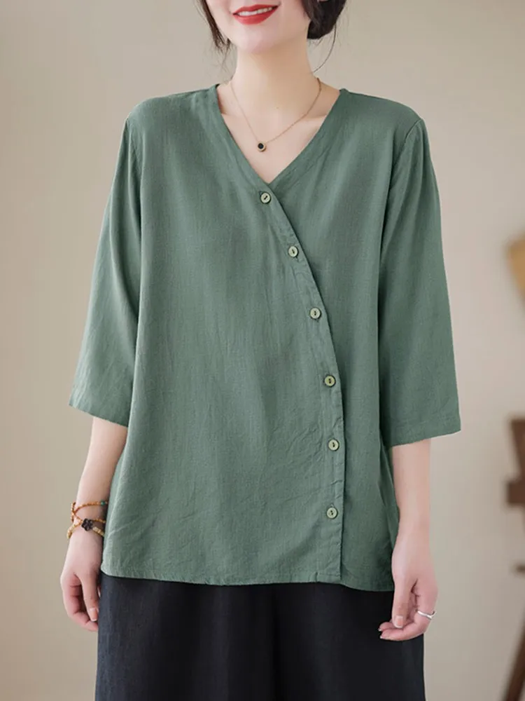 

Женская хлопковая рубашка с V-образным вырезом, свободного покроя