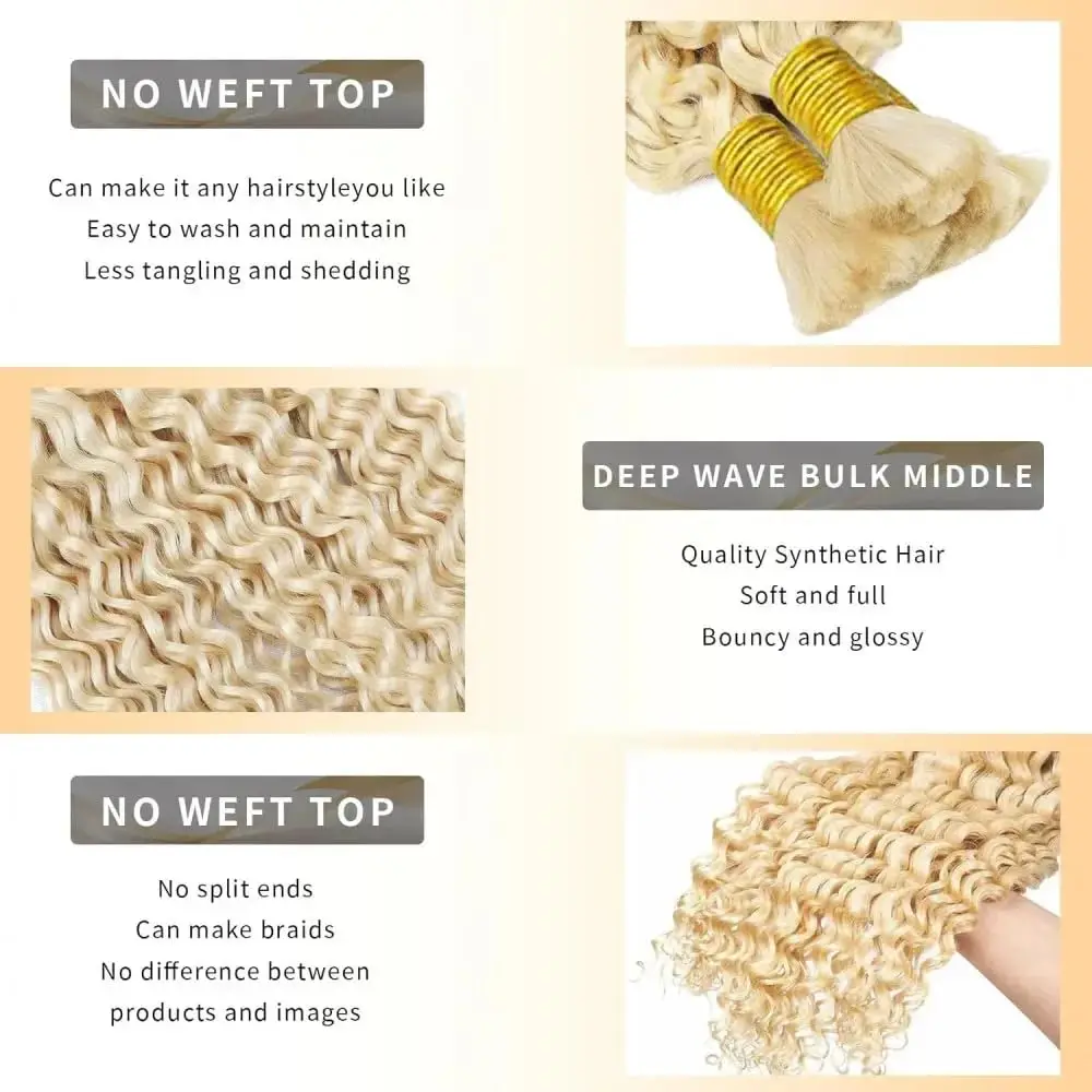 613 Blonde Human Human Braiding Hair Deep Wave Bulk Blonde Deep Curly Hair for Boho Braids 3 Bundles 613 Color for Women 150g 2