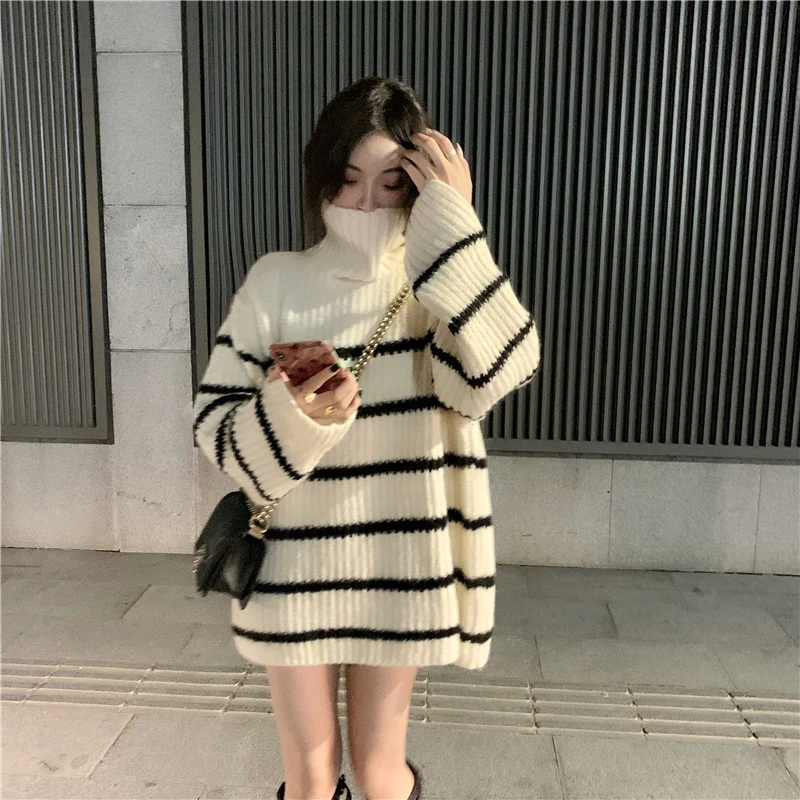 Autumn Winter Women Turtleneck Sweater Simple Striped Ulzzang Fashion Womens Student Harajuku Soft Chic Lady Jumpers All Match blue sweater