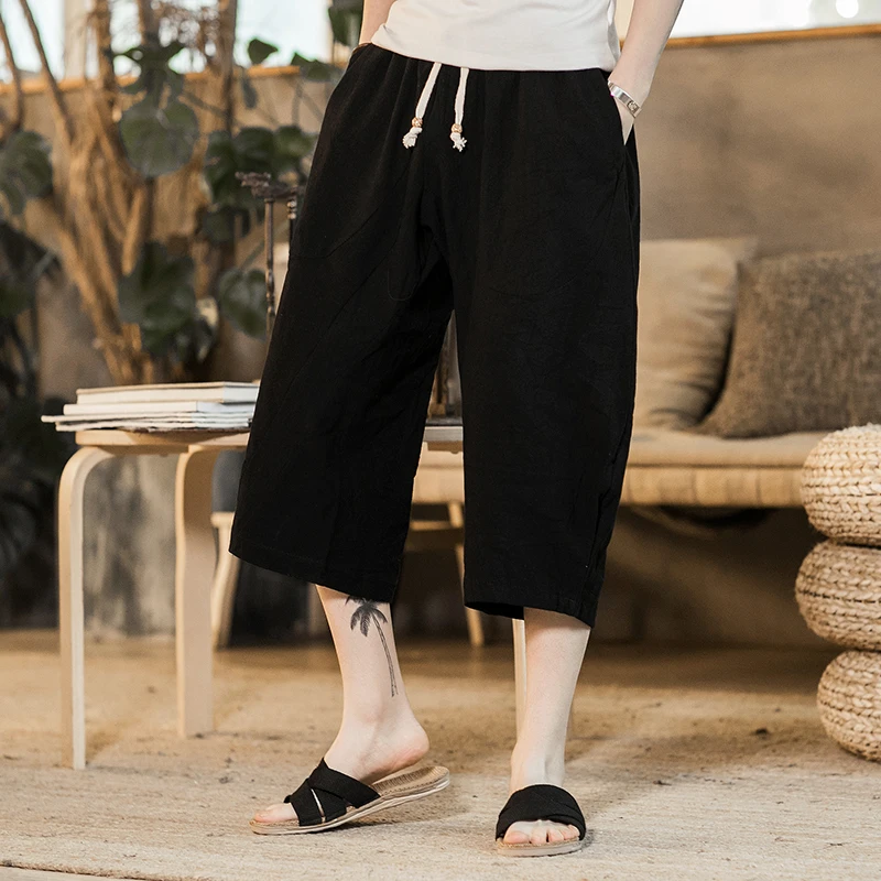 Men Wide Leg Pants Japanese Style Loose Cotton Harem Pants