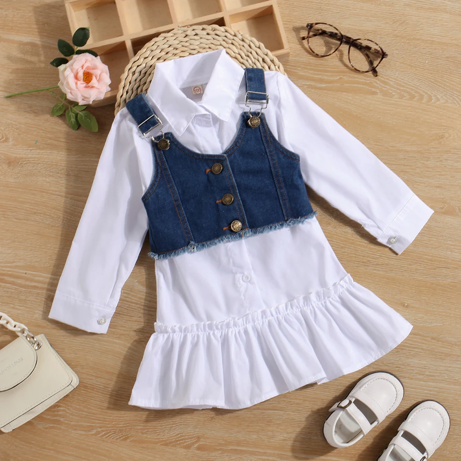 

2023 Spring Autumn Baby Girls Turn-down Collar Shirt Skirt Girls Butterfly Dress+Jeans Vest Two-piece Suit 18M-6Years