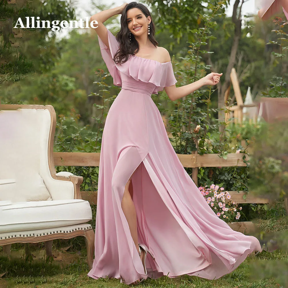 

Allingentle Elegant Off Shoulder Ruffles Sleeves Evening Gowns Women's 2024 Side Split Dusty Pink Chiffon Bridesmaid Prom Dress