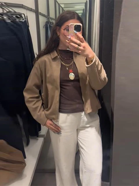 Elegant Solid Suede Coats Women Turn-down Collar Full Sleeve Zipper Pocket Jackets 2025 Autumn Female Fashion Outerwear 5