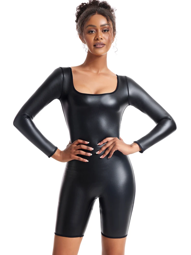 

Woman Sexy Lingerie Teddies Bodysuits Long Sleeve U Neck Lingerie Leather Jumpsuit Women Sexy Club jumpsuits Party One Piece Set