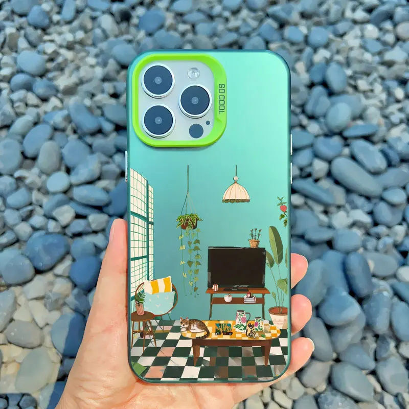 Frische grüne Blätter bemalte Handyhülle für iPhone 17 11 12 13 14 15 16 Plus Pro Max Mini – Heimdekor-Illustration Laser-Schutzhüllen – Detail 5