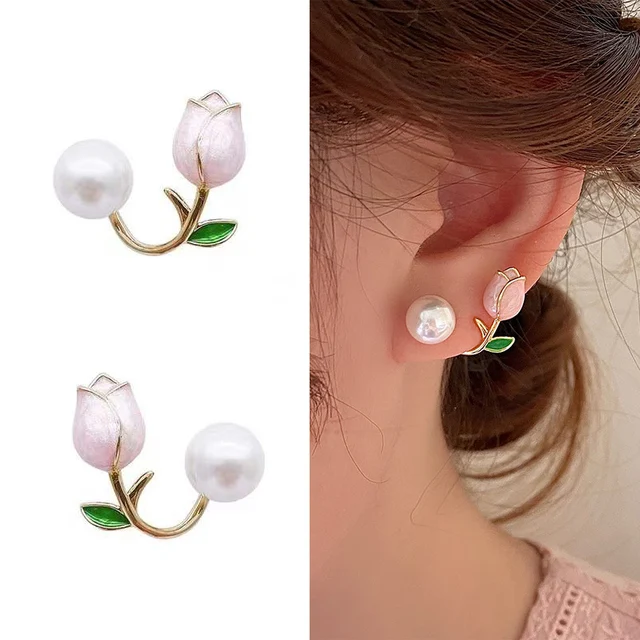 French Light Luxury Pink Tulip Flower Pearl Stud Earrings For Women Korean Zircon Exquisite Earring Party Christmas Jewelry Gift 1