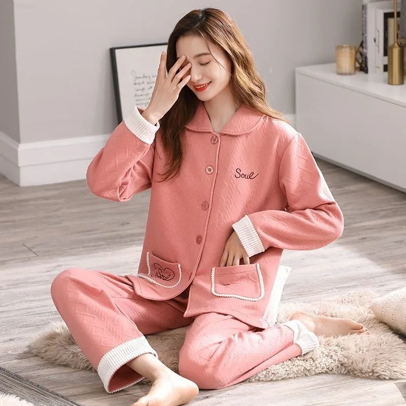 2023 New Autumn Winter Women's Pajamas Three Layers Pure Cotton Thickened Warm Air Cotton Interlayer Thin Cotton Set Homewear
