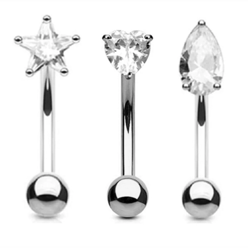 Elegant Heart Crystal Curved Barbell & CZ Star Eyebrow Ring Set - 3-Piece Collection