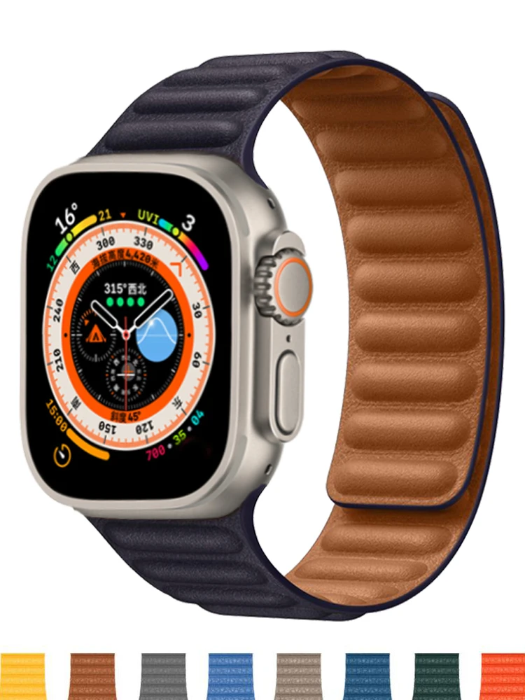 애플 워치 밴드용 가죽 링크, 오리지널 마그네틱 루프 팔찌, iWatch 시리즈 9, 8, 3, 7 se 울트라 스트랩, 45mm, 44mm, 40mm, 49mm, 41mm