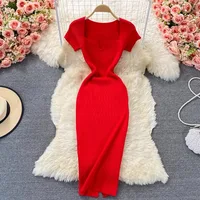 YuooMuoo Spring Summer 2025 Women Dress Elegant Square Collar White Black Knitted Bodycon Dress Korean Office Lady Vestidos - Image 2