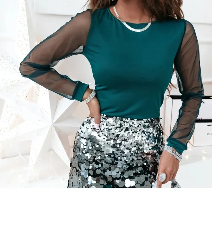 

Lace Tops Women Clothing Streetwear 2023 Autumn and Winter New Elegant Fashion Solid Long Sleeve Round Neck Female's T-shirt