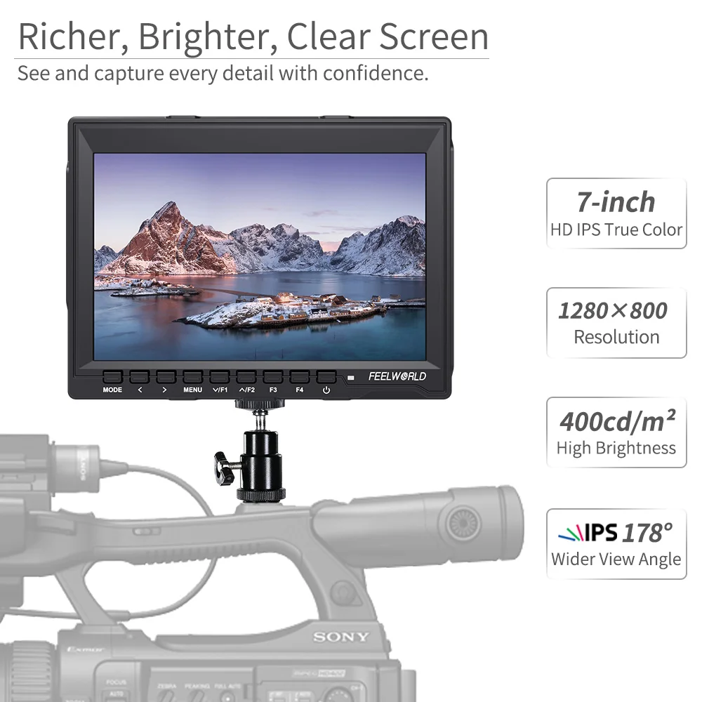 Feelworld 7 Inch IPS 1280x800 Camera Field DSLR Video Monitor with Peaking Focus HD 7" LCD for BMPCC Canon Sony FW759