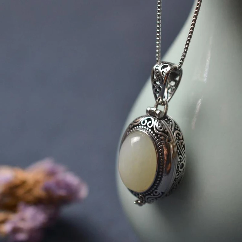 Chinese Style Retro Mirror Box Pendant Necklace Silver Jewelry Creative Women's