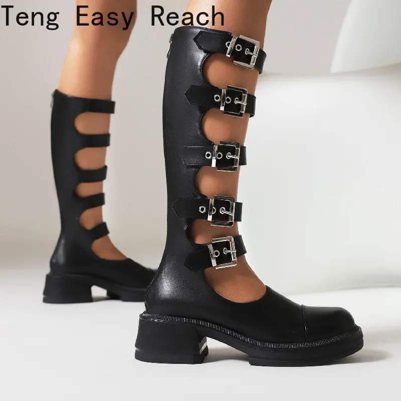 

Summer Women's Cool Boots Platform Thick Heel Mid Calf Boots Women Punk Cool Gothic Black Buckle Shoes Woman High Boots