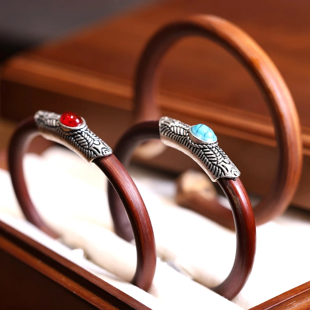 Natural Chicken Blood Vine Cuff Bangles Vintage Couple Set Cat's Eye Stone Opening Knotless Wooden Bracelet Party Jewelry Gifts