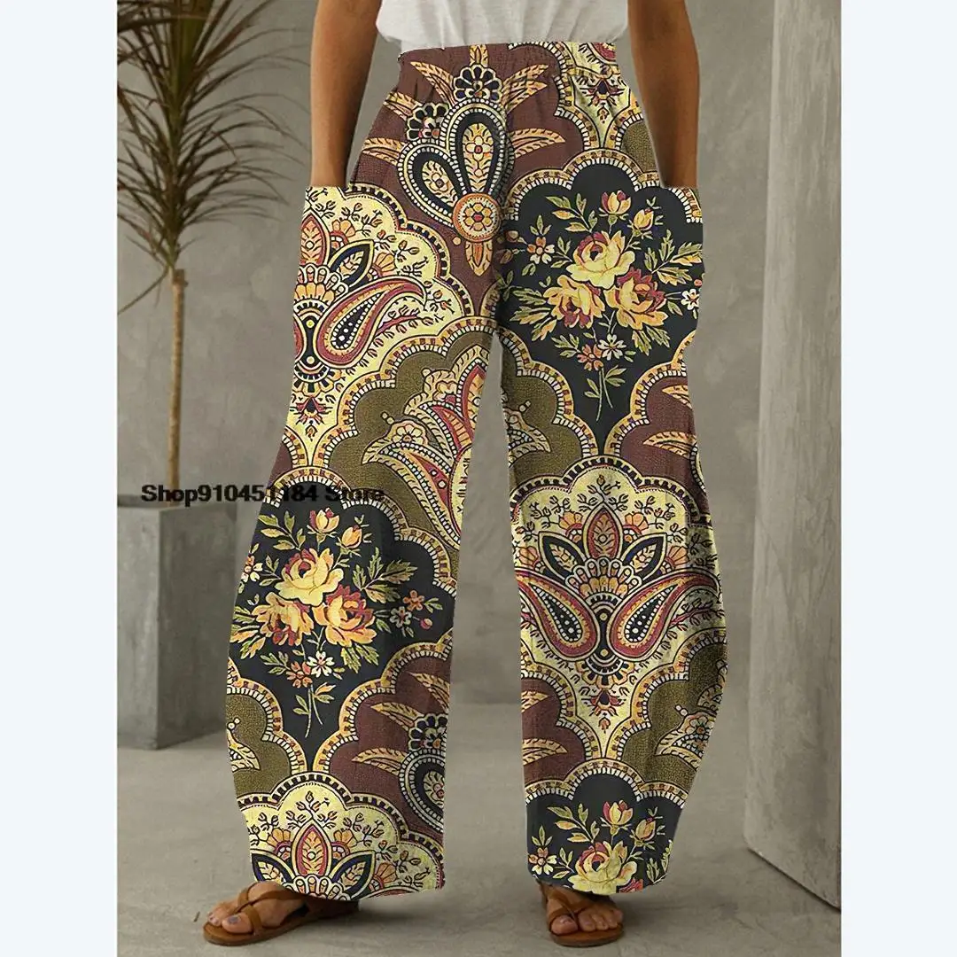 Female Clothes Casual High Waist Vintage Beachwear Trousers Women Fashion Joggers Loose Wide-leg Elastic Waist Pocket Pant