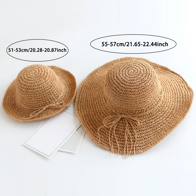 New Girls Hand Made Sun Hat Kids Summer Raffia Straw Hat Big Brim Beach Cap Foldable Breathable Summer Parent-child