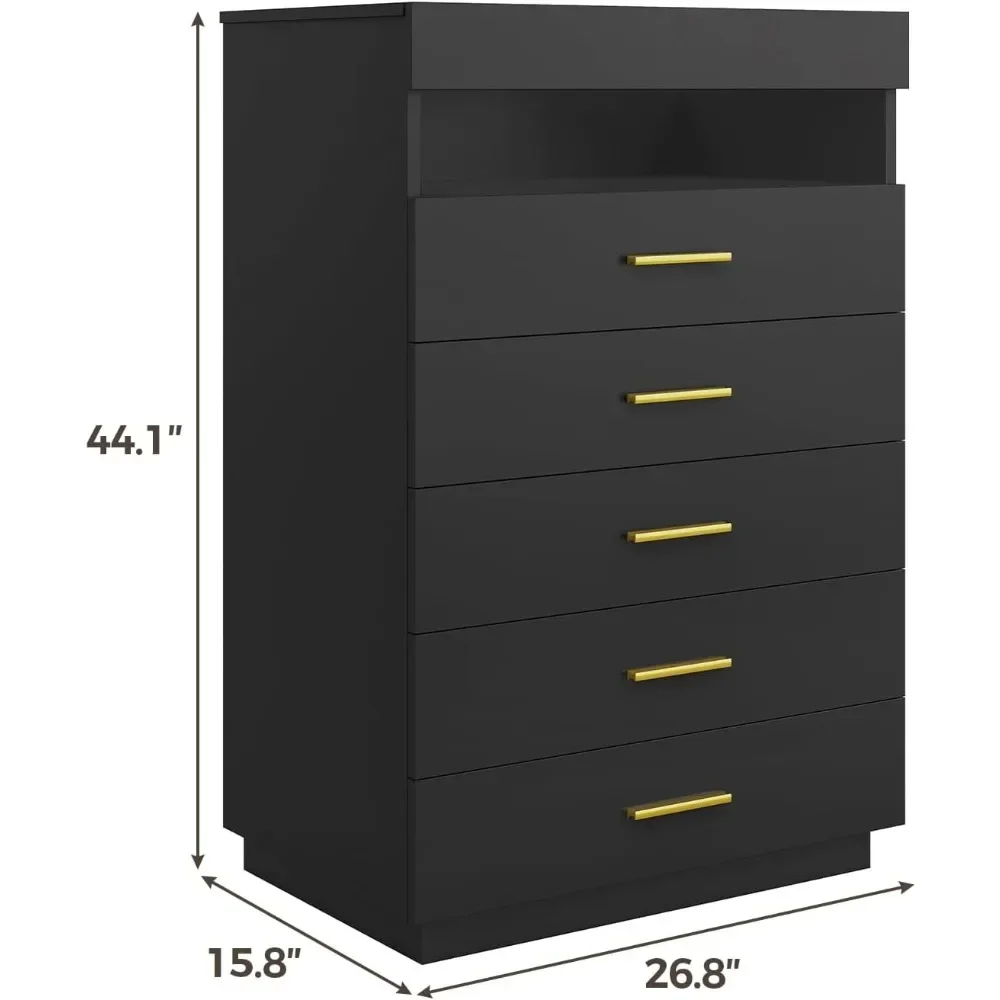 Dresser with LED Lights, Floating Tall Dresser with 5 Large Drawers & Pull Out Tray, 5 Drawer Dresser Wood, Bedroom 2