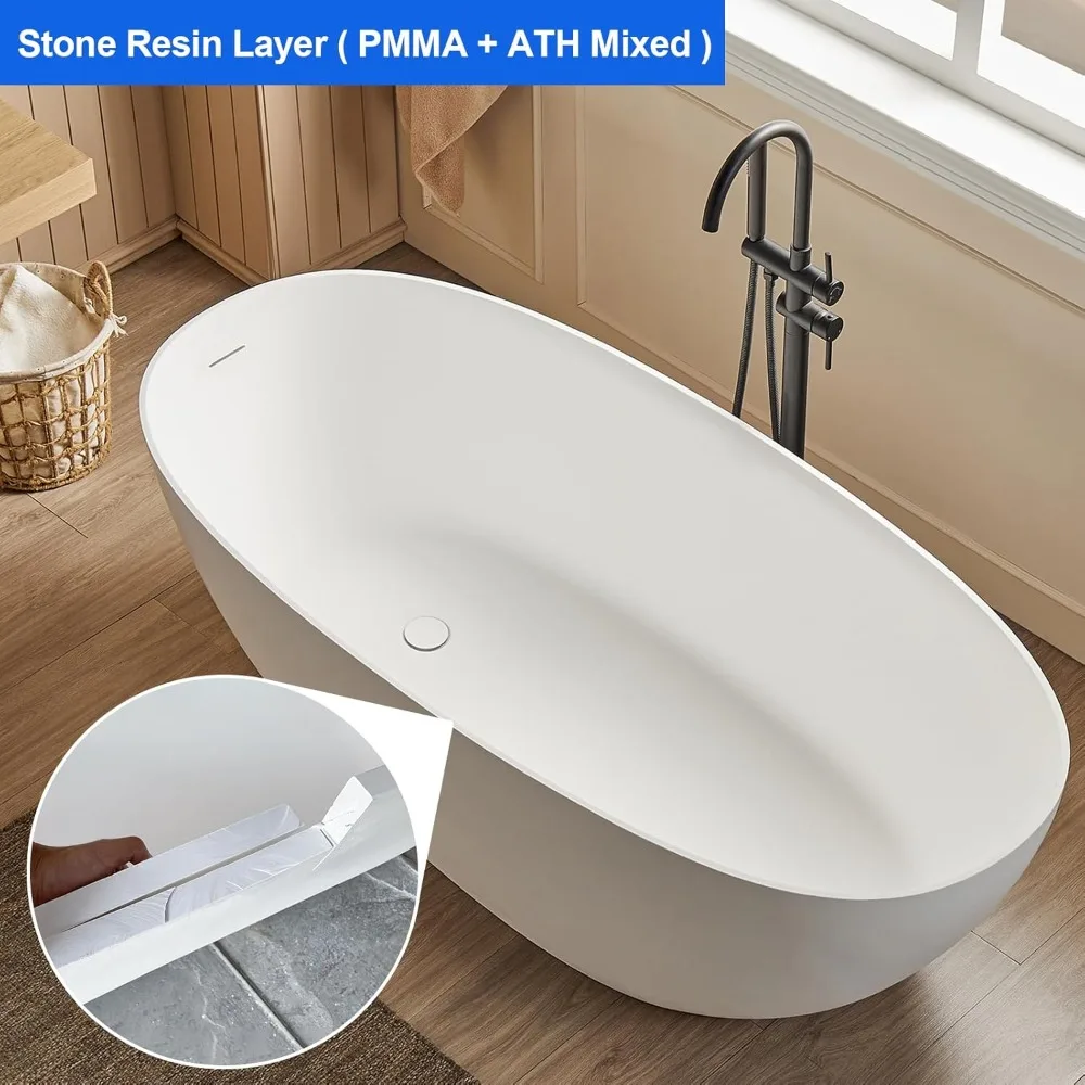 55" Stone Resin Freestanding Bathtub, Oval Contemporary Soaking Tubs, Solid Surface Stand Alone Tub