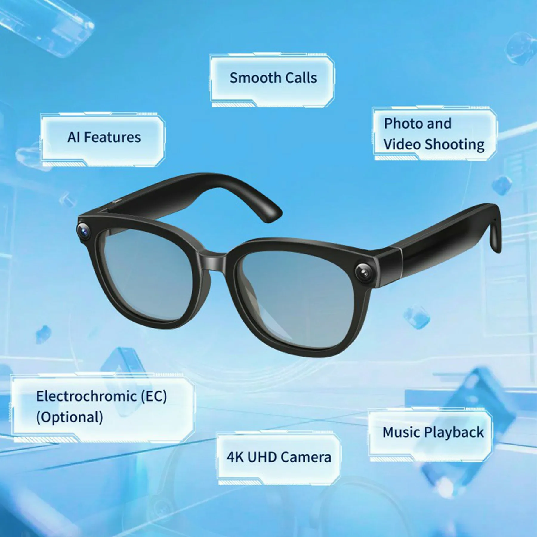 Occhiali Smart AI con Fotocamera 4K HD 800MP, Registrazione Video, Traduzione, Lenti Fotocromatiche, Chiamate Bluetooth, Musica, Occhiali Multifunzione - immagine 4