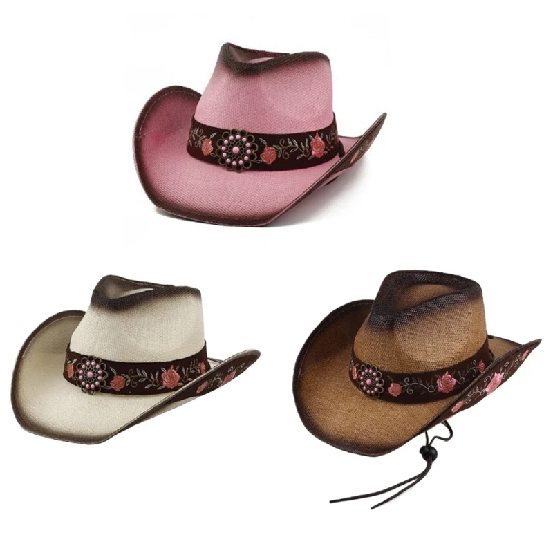 

Embroidery Flower Cowboy Hat for Travel Outdoor Activity Hat Party Wear Cowgirl Hat Women SummerBeach Sun Hat Headwear