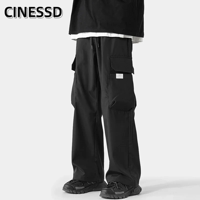 

2023 New Wide Leg Pocket Men Cargo Pants Climbing Trousers Neutral Loose Casual Streetwear Straight Drawstring Outdoor Pants