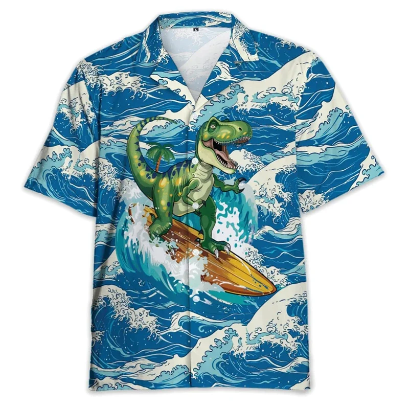 thumbnail image 1 of Camisa hawaiana con estampado de dinosaurio y gato para hombre, divertidas camisas hawaianas con estampado 3D de animales, blusas de moda con solapa, blusas para niños, mangas cortas, 1 of 5