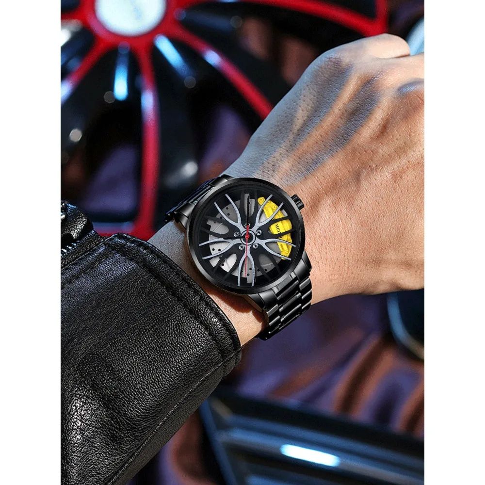 Trendy wheel shaped men's steel strap watch, personalized fully automatic quartz movement men's watch